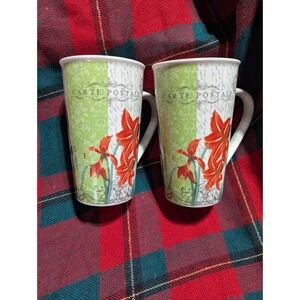 Carte Postale Porcelain 2 Coffee Latte Mugs Red Lilies French Postcard